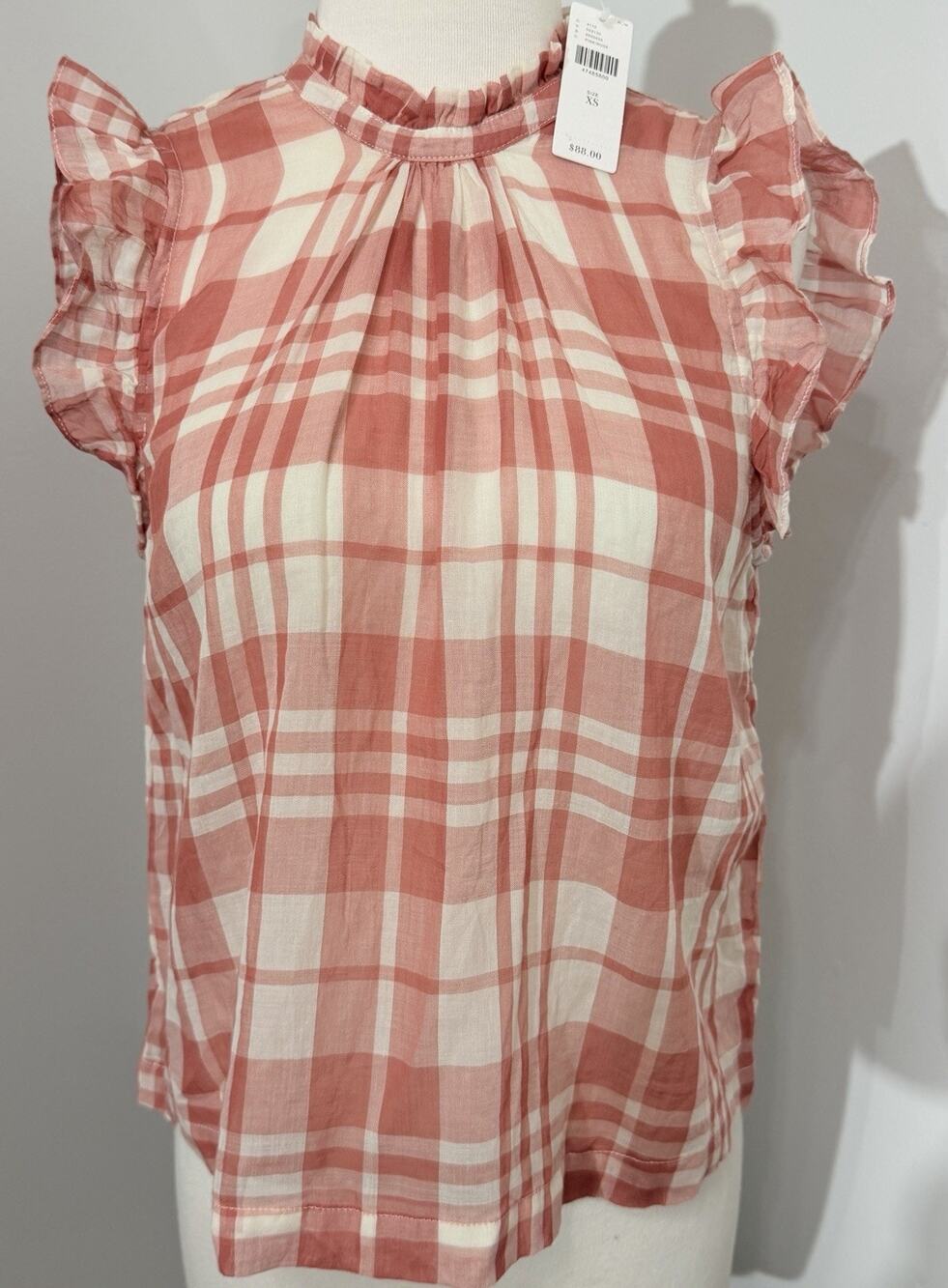 NEW Anthropologie Isabella Sinclair Peach White Plaid Ruffle Sleeveless Top XS